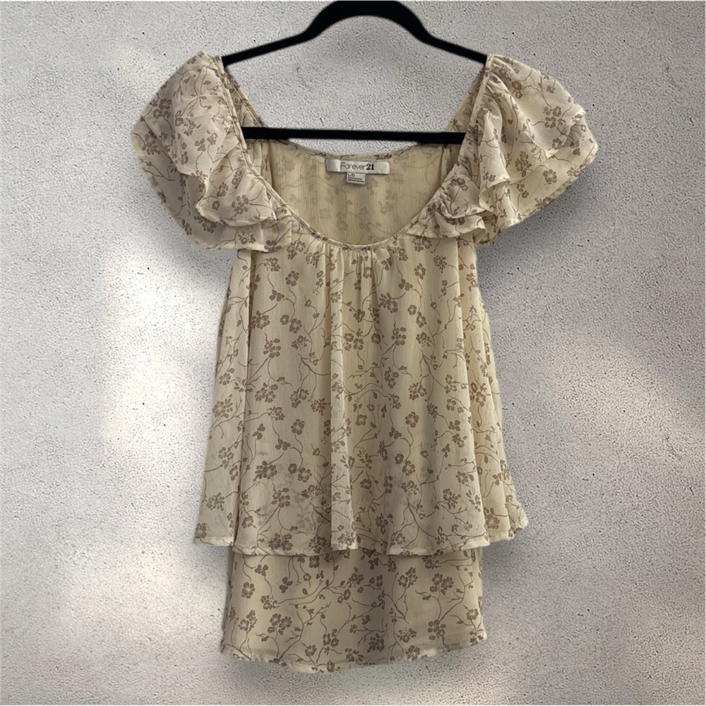 Forever 21 Cream Floral Layered Top